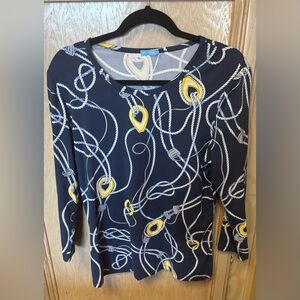J. Mclaughlin Catalina Cloth 3/4 Sleeve Top Size Large Navy Nautical Rope Print